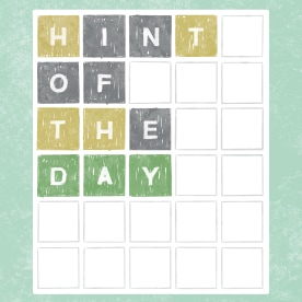 Drawing of the New York Times 'Wordle' game board with the words "hint of the day" on the board.