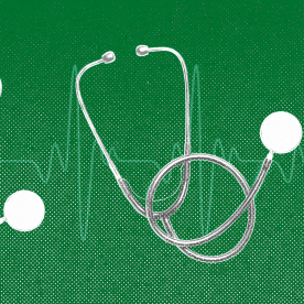 Several stethoscopes against an EKG line, on a green background.